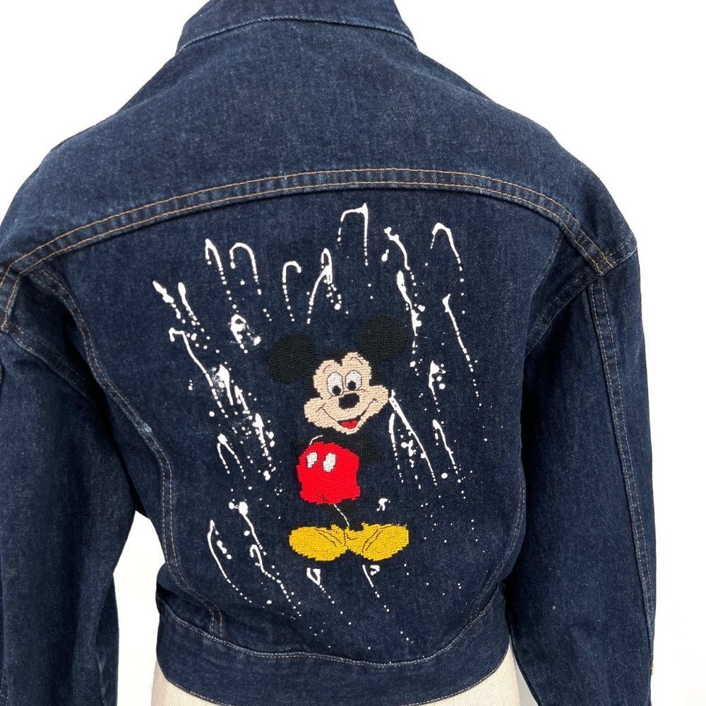 Vintage 80s Wrangler Denim Cropped Jacket Hand Embroidered Mickey Mouse Disney